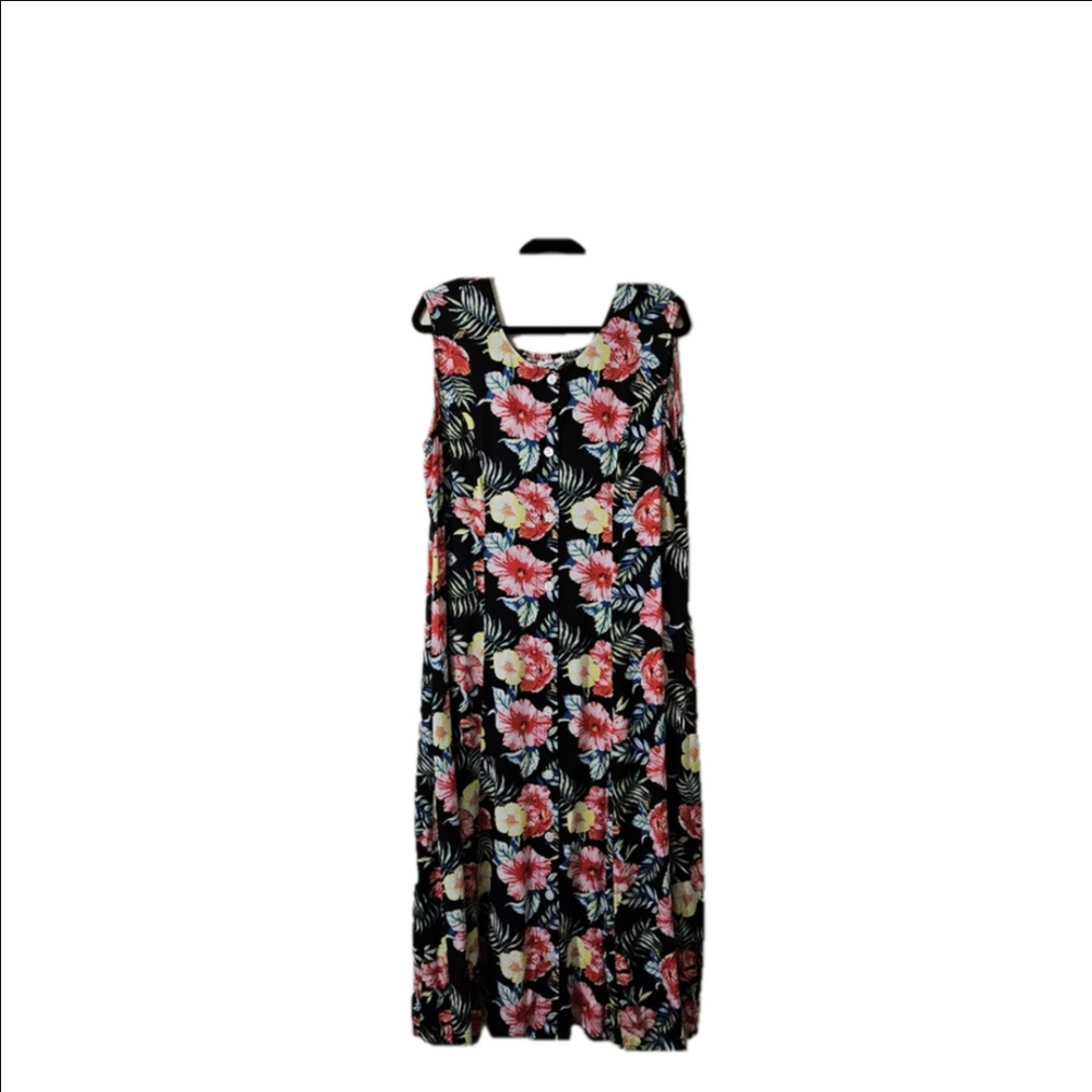 Serengeti Buttondown Smocked Midi Dress 90s Tropical Floral Black Sleeveless L